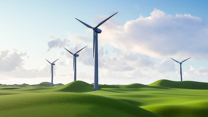 Wind Turbine on Grass at Sky Background