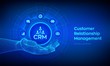 © iuriimotov - CRM icon in robotic hand. Customer Relationship Management. Customer service and relationship. Enterprise Communication and planning concept on virtual screen. Vector illustration.