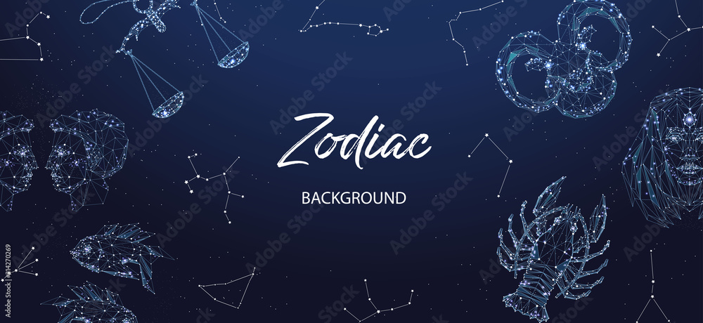 Zodiac background. Astrological horoscope. Horizontal banner with polygonal zodiac signs. - obrazy, fototapety, plakaty 
