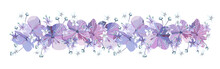 Decorative Floral Border With Purple Flowers With Buds And Small Light Blue Florets On White Background.