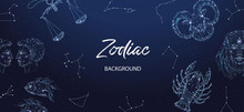 Zodiac Background. Astrological Horoscope. Horizontal Banner With Polygonal Zodiac Signs.