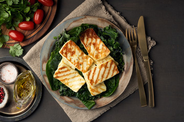 Cyprus fried halloumi cheese with healthy green salad. Lchf, pegan, fodmap, paleo, scd, keto diet.