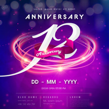 12 Years Anniversary Logo Template On Purple Abstract Futuristic Space Background. 12th Modern Technology Design Celebrating Numbers With Hi-tech Network Digital Technology Concept Design Elements.