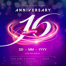 16 Years Anniversary Logo Template On Purple Abstract Futuristic Space Background. 16th Modern Technology Design Celebrating Numbers With Hi-tech Network Digital Technology Concept Design Elements.