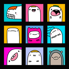 Sticker - Big cartoon set in comic style monsters expressive avatars logo