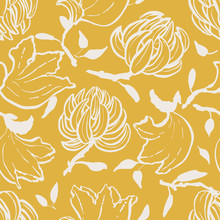 Hand Drawn Seamless Yellow Floral Pattern With Exotic Bold Flowers Of Tulip Tree.