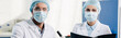 © LIGHTFIELD STUDIOS - panoramic shot of molecular nutritionists in medical masks looking at camera