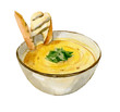 Yellow cream soup, decorated with greens and crackers. Watercolor illustration isolated on white background