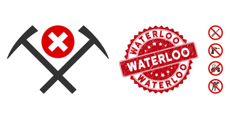 Vector no work icon and grunge round stamp seal with Waterloo caption. Flat no work icon is isolated on a white background. Waterloo stamp seal uses red color and grunge surface.