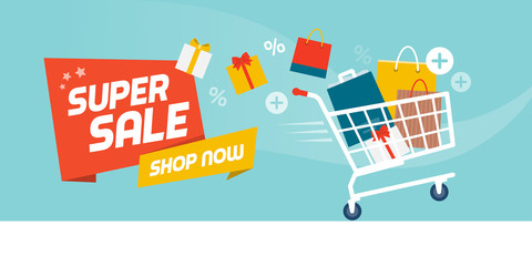 Online shopping promotional sale banner with full shopping cart