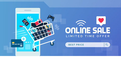 electronics promotional sales banner with shopping cart
