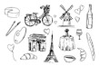 Outline objects of Paris. Hand drawn ink sketch converted to vector