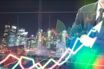 Stock market digital graph chart on LED display concept. A large display of daily stock market price and quotation. Indicator financial forex trade education background.