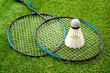 Summer picnic, relaxing in the outdoors and leisure games played outside conceptual idea with shuttlecock made of feathers or shuttle and badminton racket on green grass background