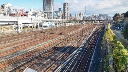 Canvas Print - Train passing on railway in the Tokyo city and city view in the background. Tokyo's train/subway train moving in city center of Tokyo. Tokyo Olympic 2020 4K UHD video of Tokyo city's transportation