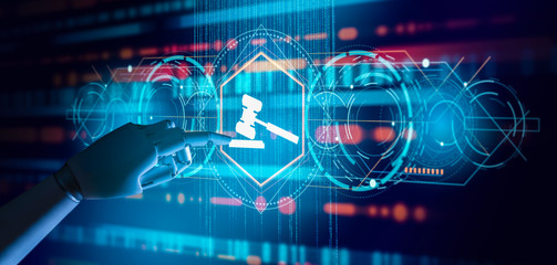 Virtual judge with Artificial Intelligence (AI) concept.Robot Hand touching Compliance Rules Law Regulation Policy Business Technology Interface.