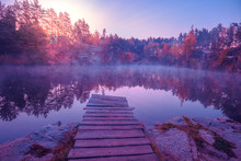Magical Sunrise Over The Lake. Pine Trees On The Lakeshore. Serene Lake In The Early Morning. Nature Landscape