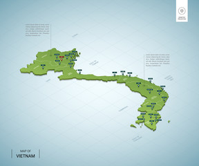 Wall Mural - stylized map of vietnam. isometric 3d green map with cities, borders, capital hanoi, regions. vector
