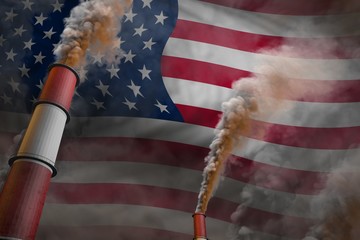 Pollution fight in USA concept - industrial 3D illustration of two big plant chimneys with dense smoke on flag background