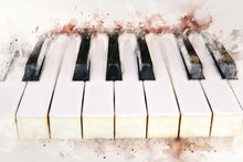 Abstract Colorful Piano Keyboard On Watercolor Illustration Painting Background.