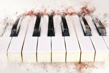 Abstract colorful piano keyboard on watercolor illustration painting background.