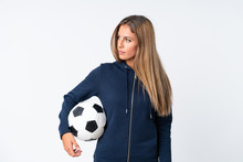 Young Football Player Woman Over Isolated White Background