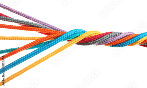 Photographie Twisted colorful ropes isolated on white. Unity concept