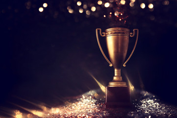 Wall Mural - low key image of trophy over wooden table and dark background, with abstract shiny lights