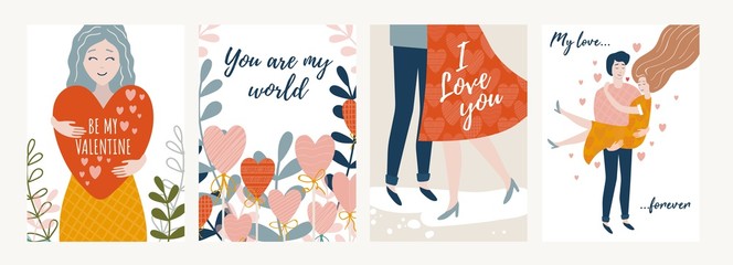collection of festive valentines day cards vector illustration. be my valentine you are my world i l
