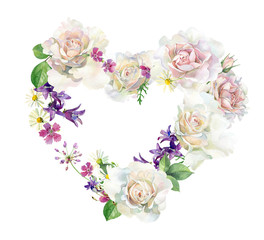 Wall Mural - Valentine card, heart of watercolor flowers