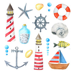 Watercolor sea nautical elements set