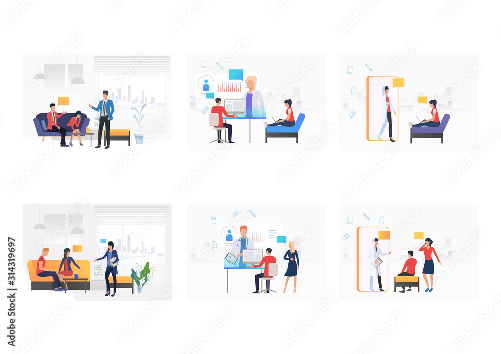 Set of consulting doctors. Flat vector illustrations of patients using laptops or mobile phones and talking to doctors. Online consulting concept for banner, website design or landing web page - obrazy, fototapety, plakaty 
