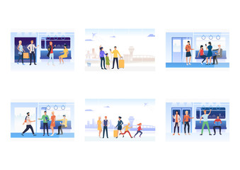 Wall Mural - Set of commuters in subway train. Flat vector illustrations of passengers with smartphones, waiting for departure. Public transport concept for banner, website design or landing web page