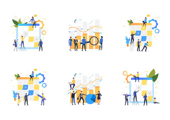 Wall Mural - Set of people working with planning boards. Flat vector illustrations of employees sticking notes on Kanban board, working on laptop. Business concept for banner, website design or landing web page
