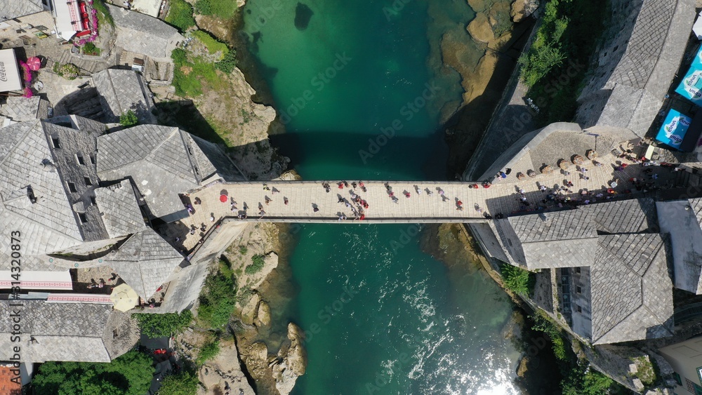 Aerial top down view of old medieval bridge in Mostar, Stari Most ...