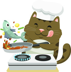 Wall Mural - cat cooking fish