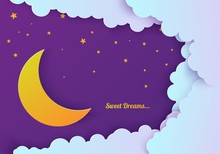 Night Sky In Paper Cut Style. Cut Out 3d Background With Violet And Blue Gradient Cloudy Landscape With Stars And Moon Papercut Art. Cute Origami Clouds. Vector Card For Wish Good Night Sweet Dreams.
