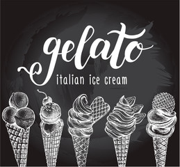 Ink hand drawn set of different types of ice cream, italian dessert gelato. Food elements collection for menu or signboard design. Vector illustration with brush calligraphy style lettering.