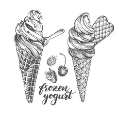 Two waffle cones with soft ice cream, frozen yogurt. Ink hand drawn Vector illustration with brush calligraphy style lettering. Food elements collection for menu or signboard design.