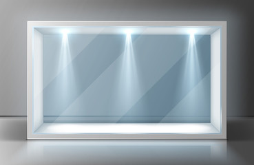 Glass wall display case frame in empty exhibition room. Transparent showcase with illumination for museum, gallery or exhibit presentation. Exposition hall interior, realistic 3d vector illustration