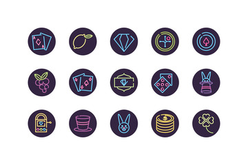 Sticker - Neon and casino icon set inside circles vector design