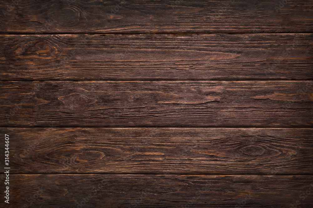 Wooden dark brown retro shabby planks wall ,table or floor texture banner background.Wood desk photo mockup wallpaper design for decoration . - obrazy, fototapety, plakaty 