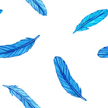 Set Of Blue Feathers On An Isolated White Background. Feathers Are Drawn By Hand With Markers And Liner. Bright And Summer Illustration.