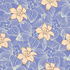  Floral seamless pattern of light, contour flowers on a purple background. Vector illustration for fabric, tile, paper.