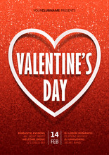 Valentines Day Vector Poster Design Template With Paper Style Sign And Heart Frame On Red Glitter Background
