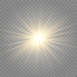 Abstract golden front sun lens flare translucent special light effect design. Vector blur in motion glow glare. Isolated transparent background. Decor element. Horizontal star burst rays and spotlight