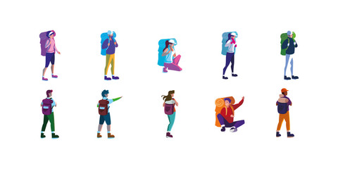 Sticker - Isolated hikers with bags set vector design