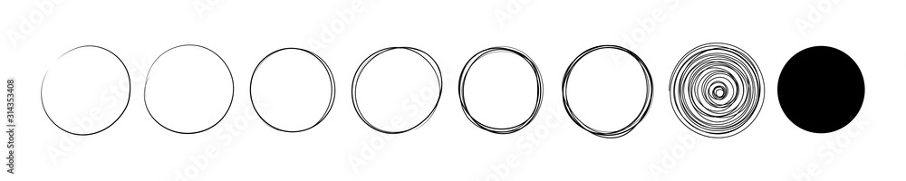 Set of hand drawn pen and pencil black circle. Round frame sketch on white background. Continuous line art doodle vector illustration - obrazy, fototapety, plakaty 