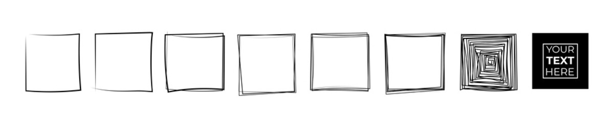 set of hand drawn pen and pencil black square. quadrate frame sketch on white background. continuous