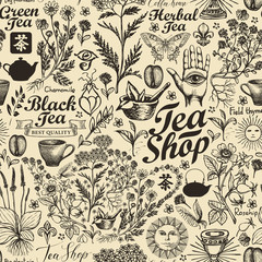 Wall Mural - vector seamless pattern on tea theme in retro style. abstract background with hand-drawn herbs, kitc